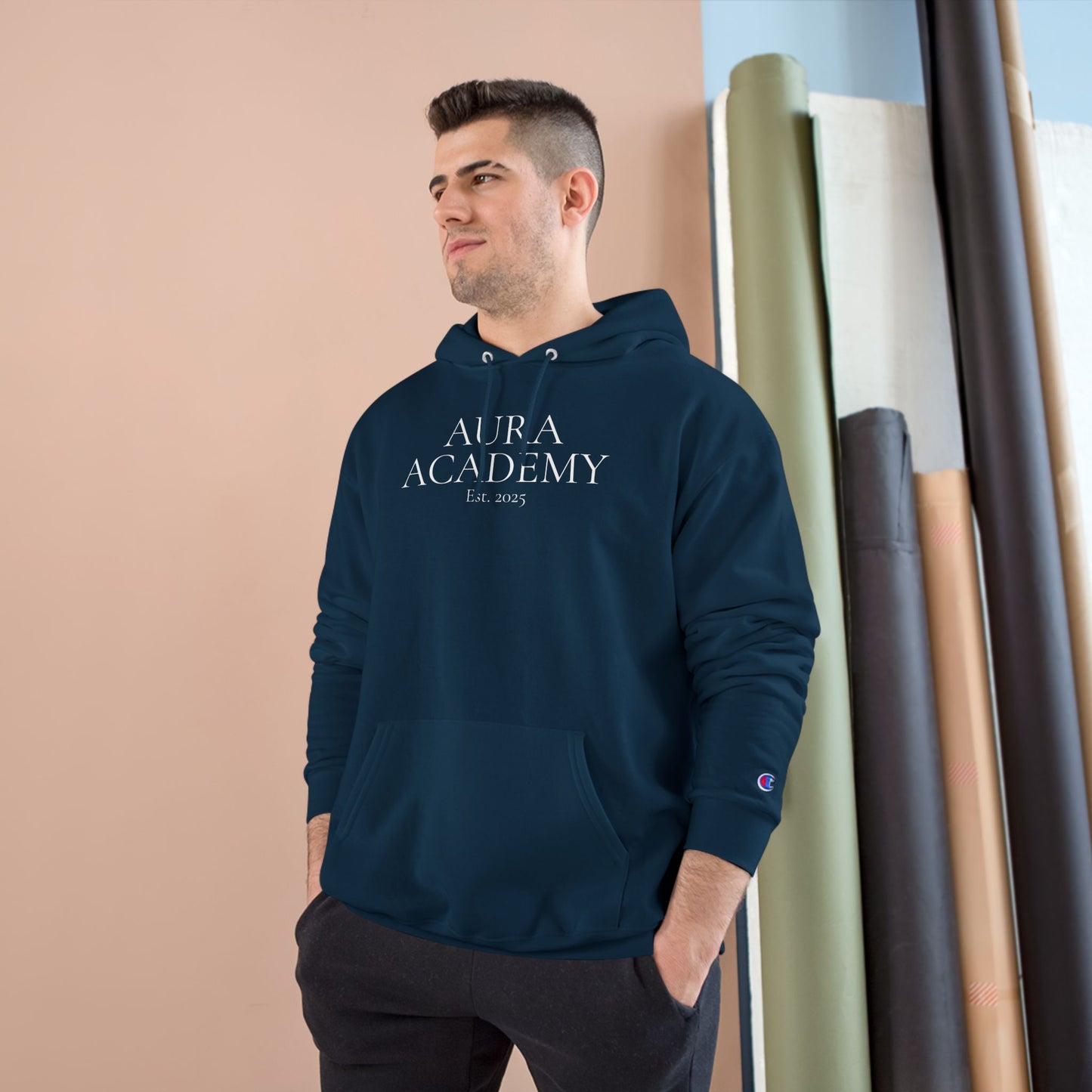 Aura Academy Champion Hoodie — Minimal White Embroidered Logo Hoodie