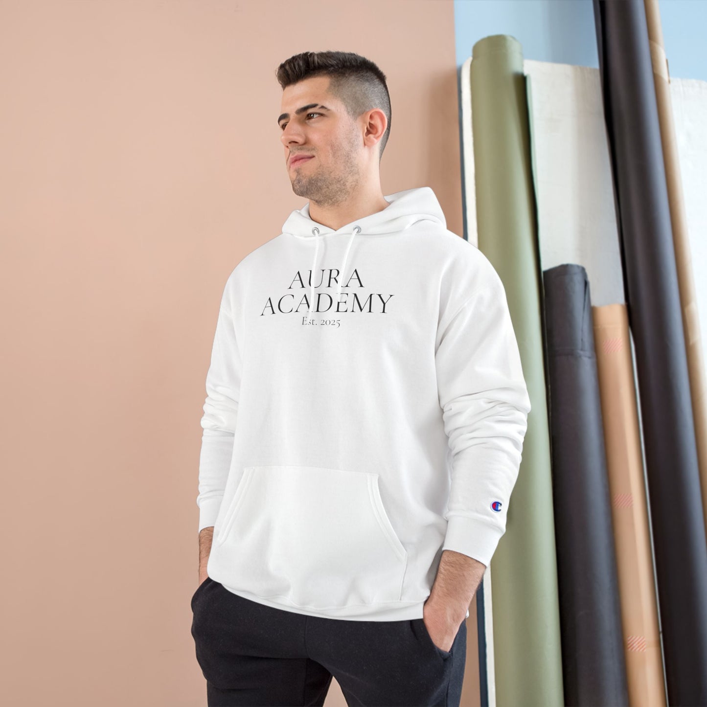 Aura Academy Champion Hoodie — Minimal White Embroidered Logo Hoodie