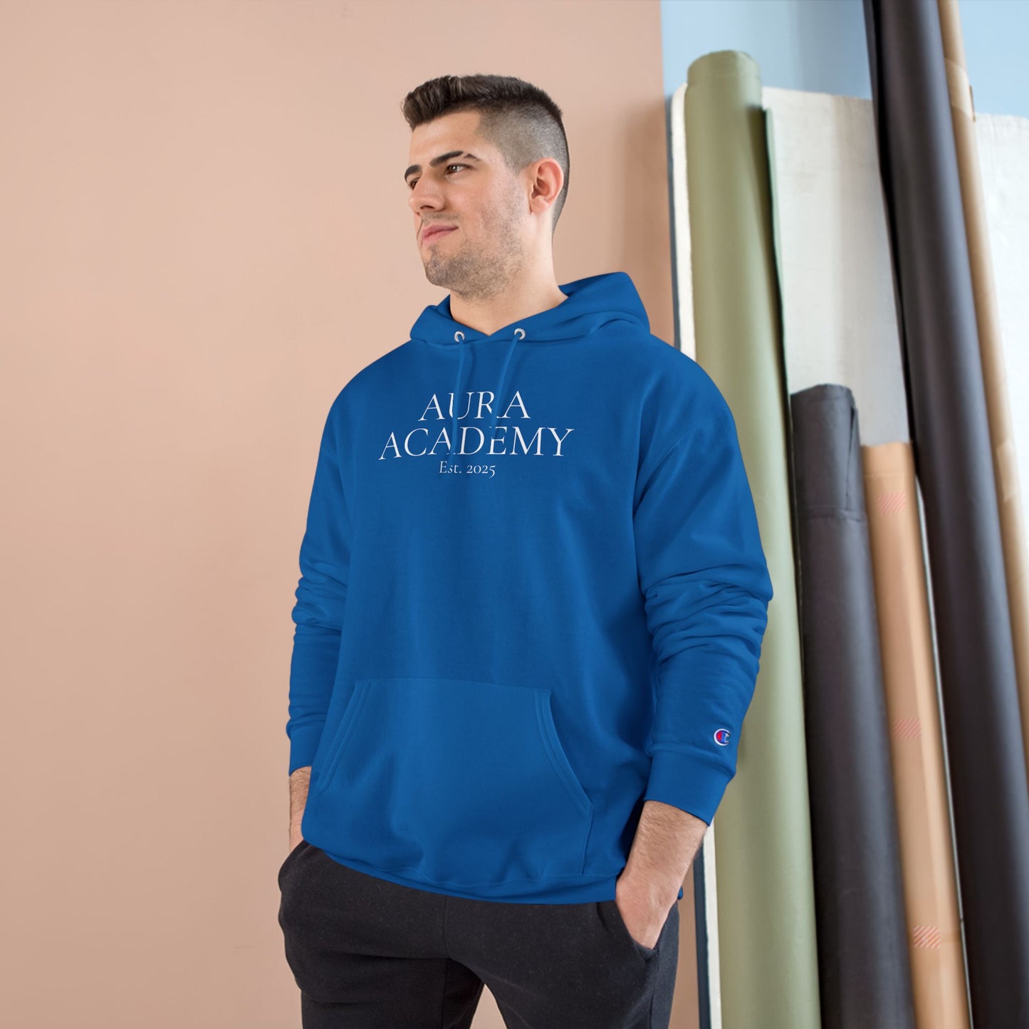 Aura Academy Champion Hoodie — Minimal White Embroidered Logo Hoodie