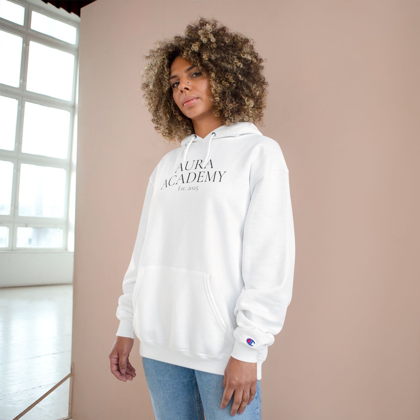 Aura Academy Champion Hoodie — Minimal White Embroidered Logo Hoodie