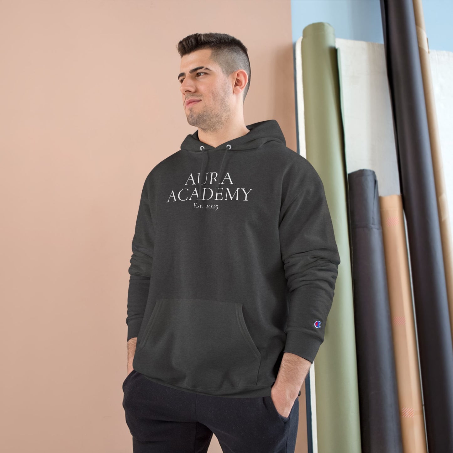 Aura Academy Champion Hoodie — Minimal White Embroidered Logo Hoodie