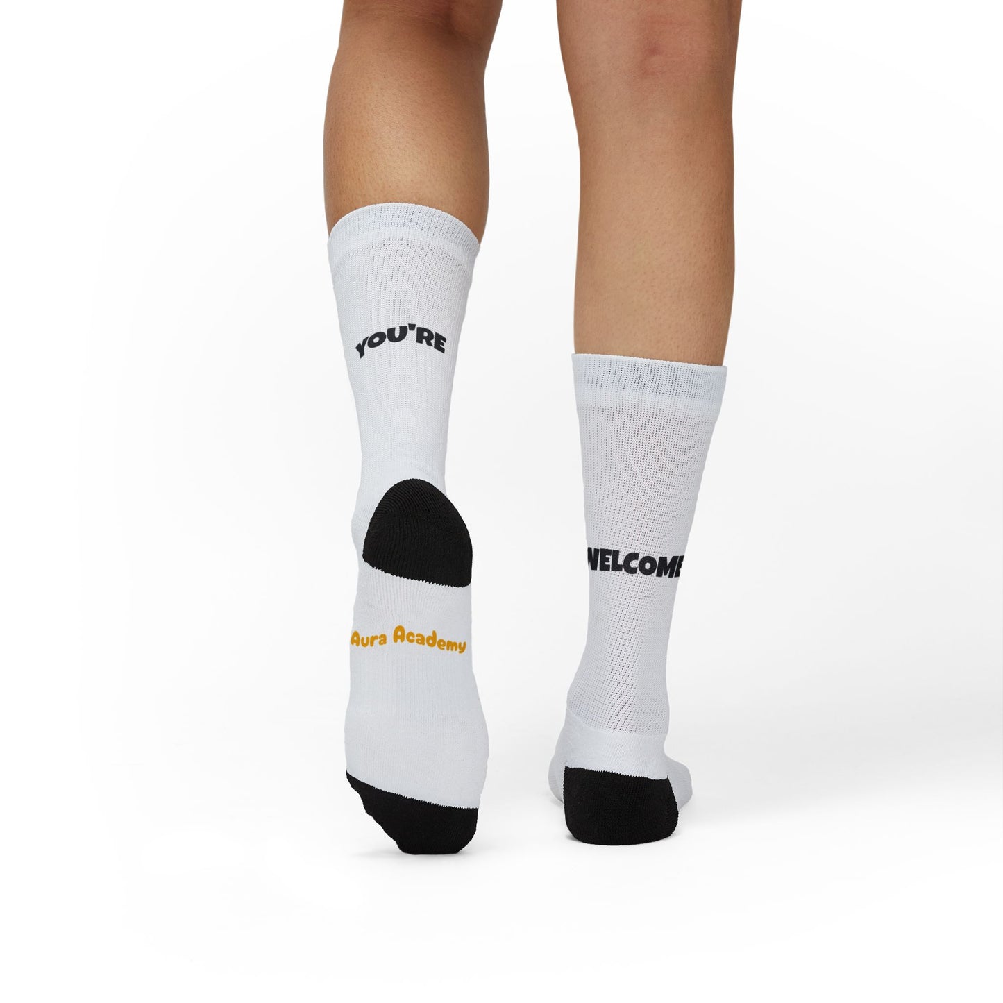 You're Catching My Aura Sublimation Socks — "You're Welcome" Emoji Design