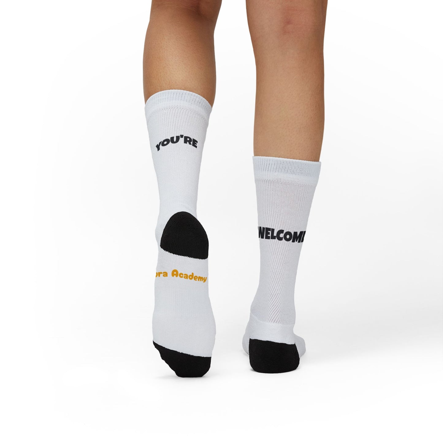 You're Catching My Aura Sublimation Socks — "You're Welcome" Emoji Design